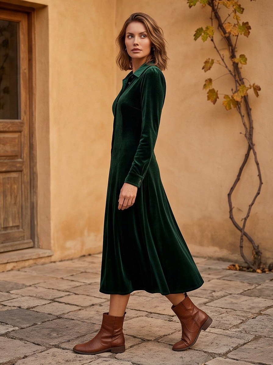 Dorotea Women Velvet Collared Button A Line Shirt Dress