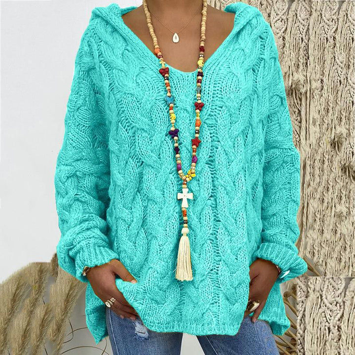 Megan Women Hooded V Neck Cable Knit Sweater