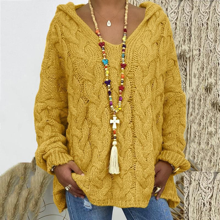 Megan Women Hooded V Neck Cable Knit Sweater