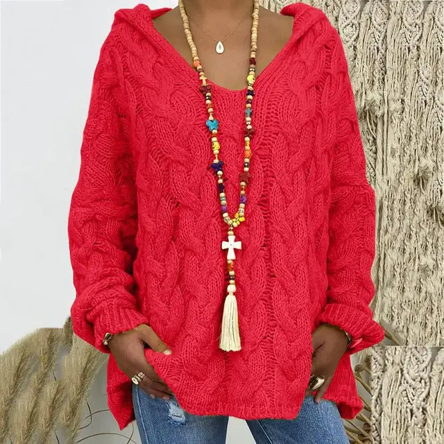 Megan Women Hooded V Neck Cable Knit Sweater