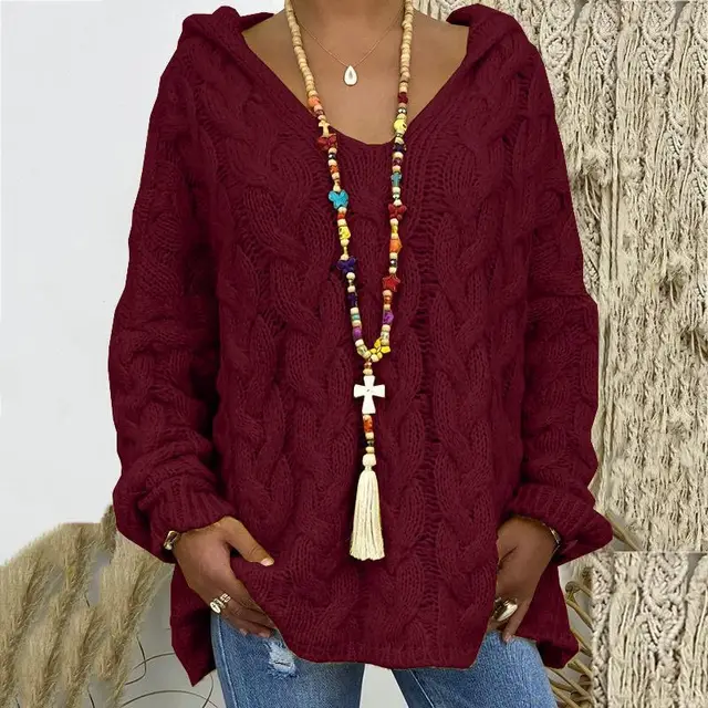 Megan Women Hooded V Neck Cable Knit Sweater