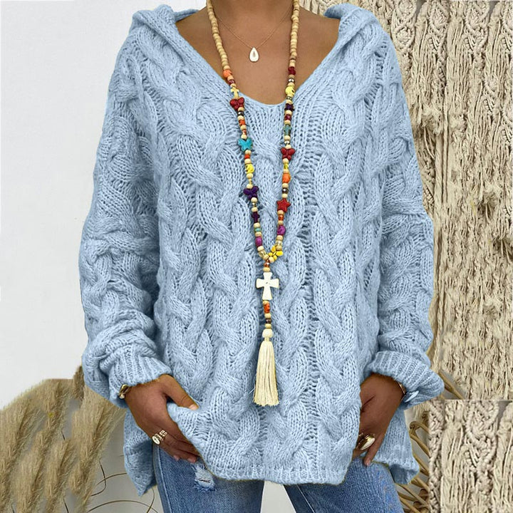Megan Women Hooded V Neck Cable Knit Sweater