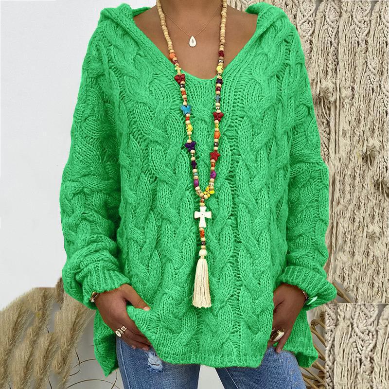 Megan Women Hooded V Neck Cable Knit Sweater