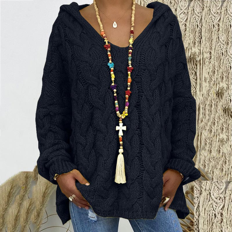 Megan Women Hooded V Neck Cable Knit Sweater