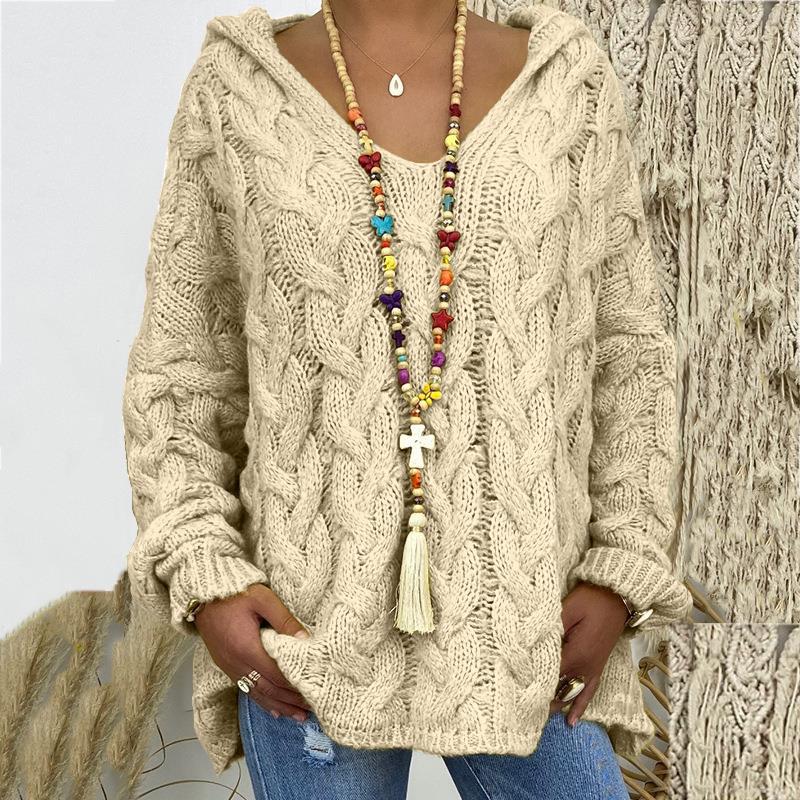 Megan Women Hooded V Neck Cable Knit Sweater