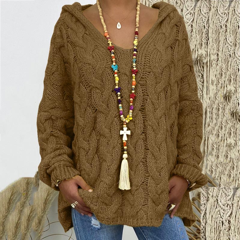 Megan Women Hooded V Neck Cable Knit Sweater