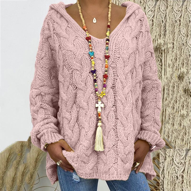 Megan Women Hooded V Neck Cable Knit Sweater