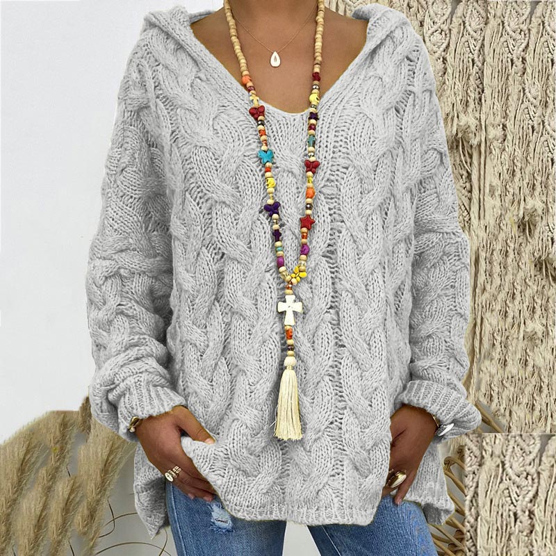 Megan Women Hooded V Neck Cable Knit Sweater