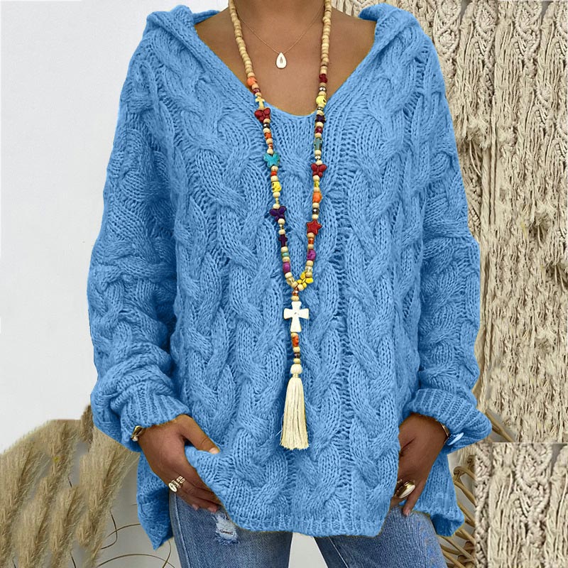 Megan Women Hooded V Neck Cable Knit Sweater