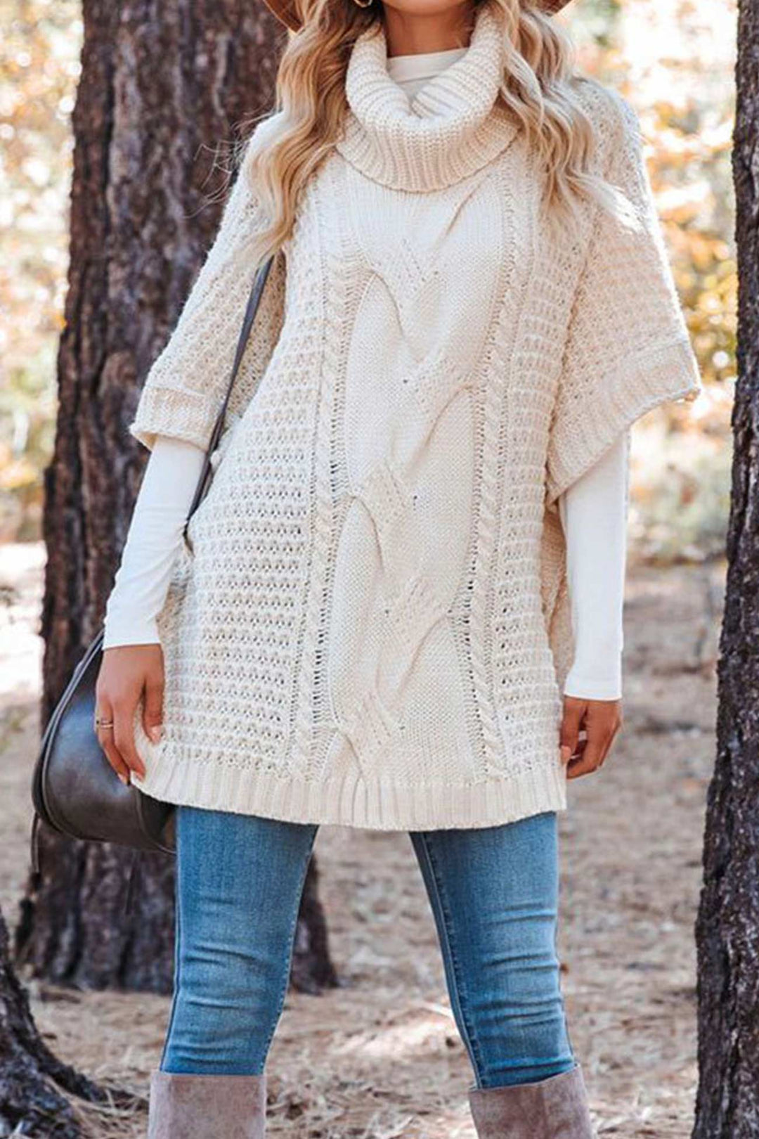 Women's Cable Knit Sweater | Oversized Poncho Turtleneck