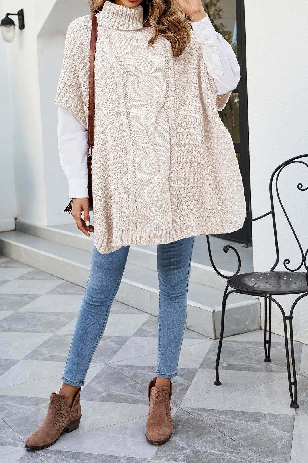 Women's Cable Knit Sweater | Oversized Poncho Turtleneck