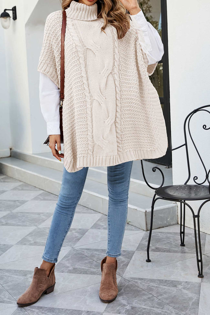 Women's Cable Knit Sweater | Oversized Poncho Turtleneck