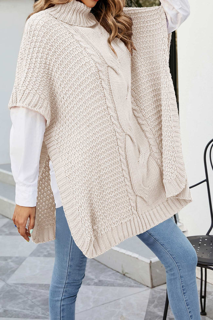 Women's Cable Knit Sweater | Oversized Poncho Turtleneck