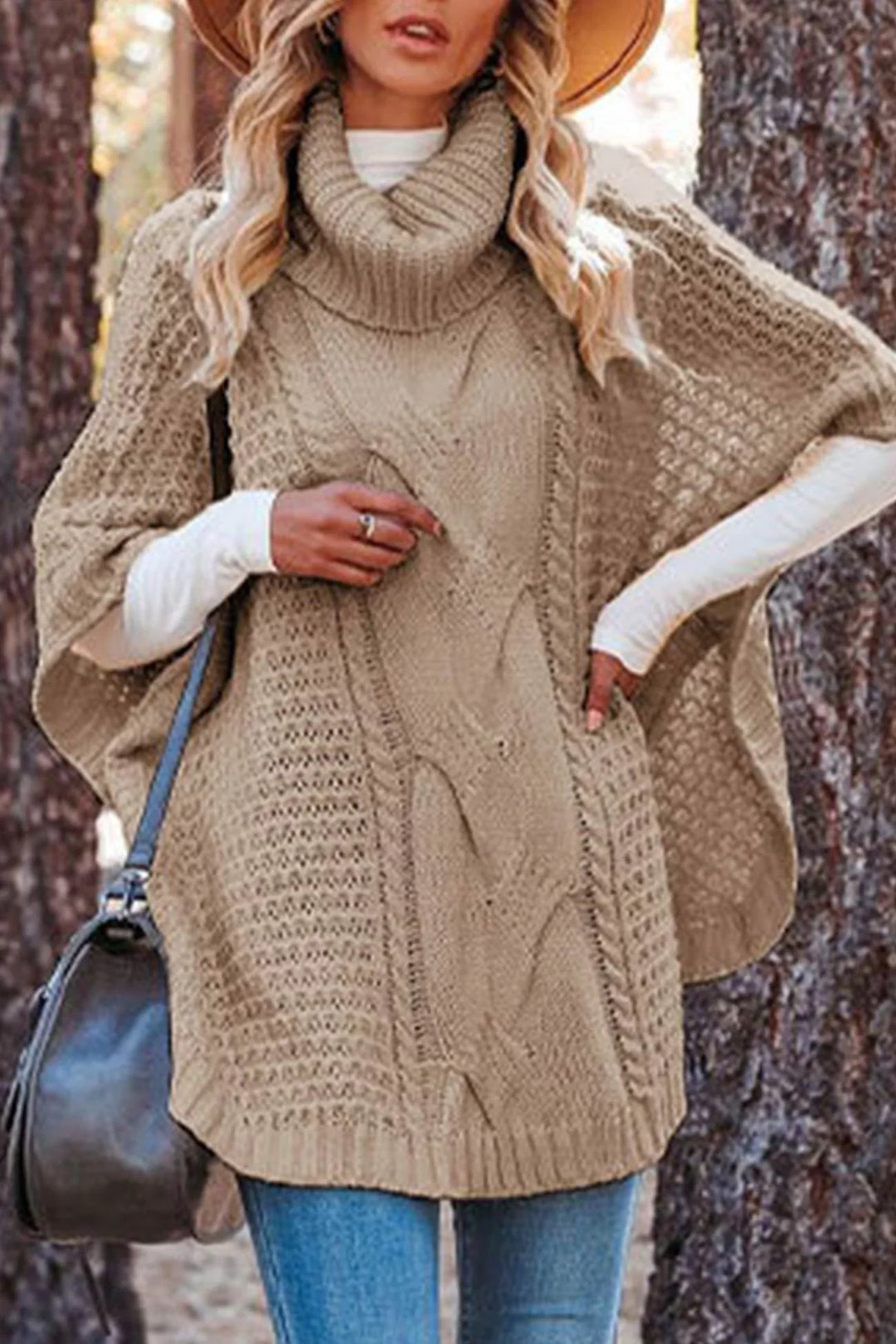 Women's Cable Knit Sweater | Oversized Poncho Turtleneck