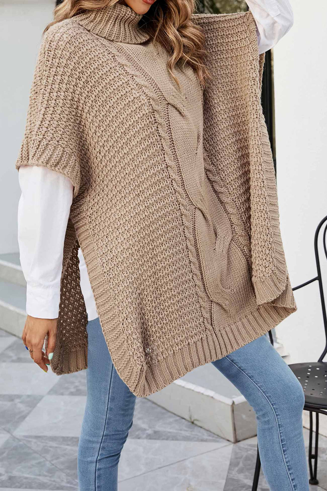 Women's Cable Knit Sweater | Oversized Poncho Turtleneck