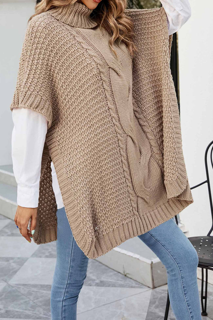 Women's Cable Knit Sweater | Oversized Poncho Turtleneck