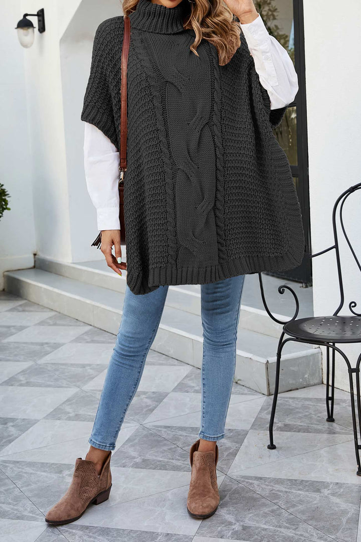 Women's Cable Knit Sweater | Oversized Poncho Turtleneck