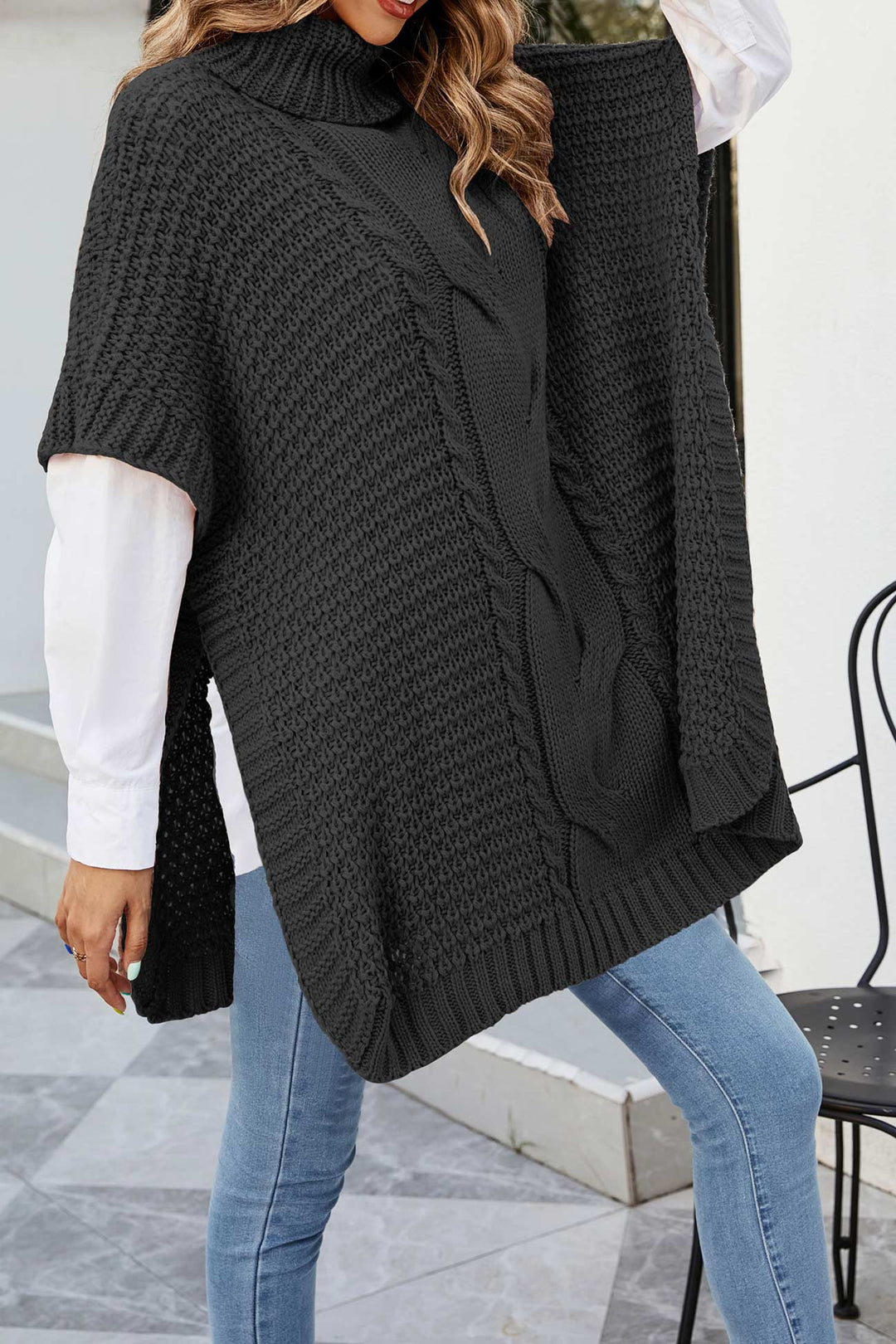 Women's Cable Knit Sweater | Oversized Poncho Turtleneck