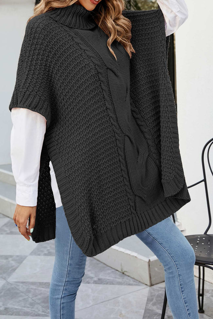 Women's Cable Knit Sweater | Oversized Poncho Turtleneck