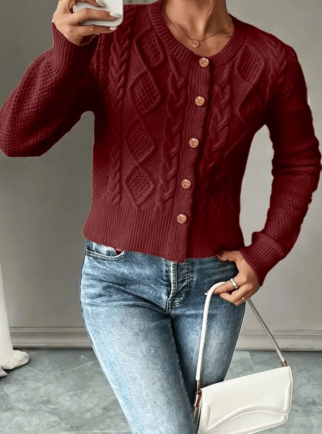 Clarissa Women Cable Knit Button Front Cropped Cardigan Sweater