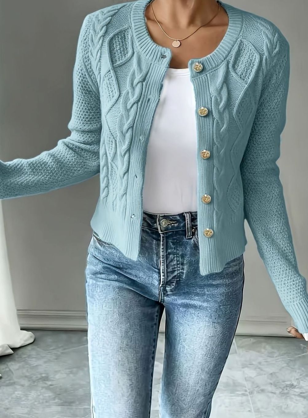 Clarissa Women Cable Knit Button Front Cropped Cardigan Sweater