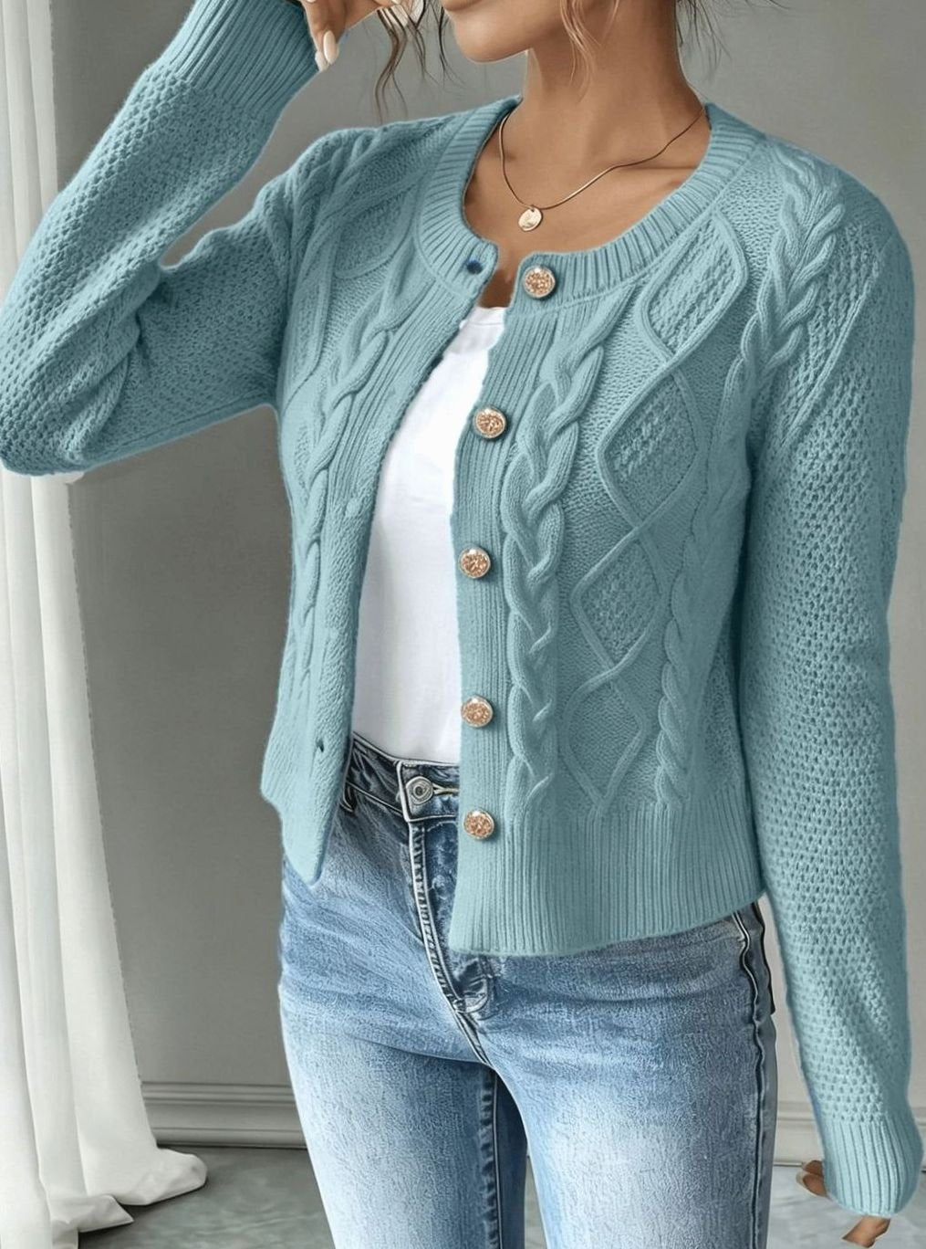 Clarissa Women Cable Knit Button Front Cropped Cardigan Sweater