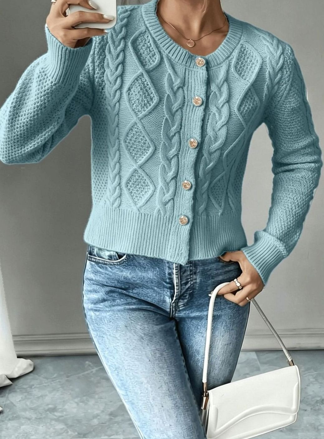 Clarissa Women Cable Knit Button Front Cropped Cardigan Sweater