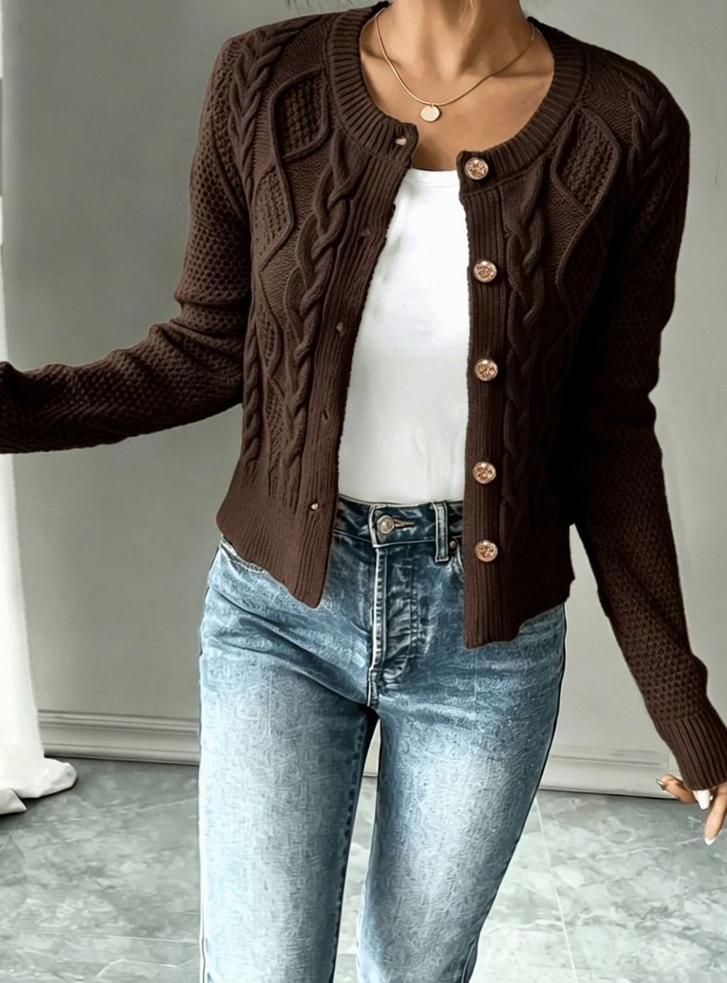 Clarissa Women Cable Knit Button Front Cropped Cardigan Sweater