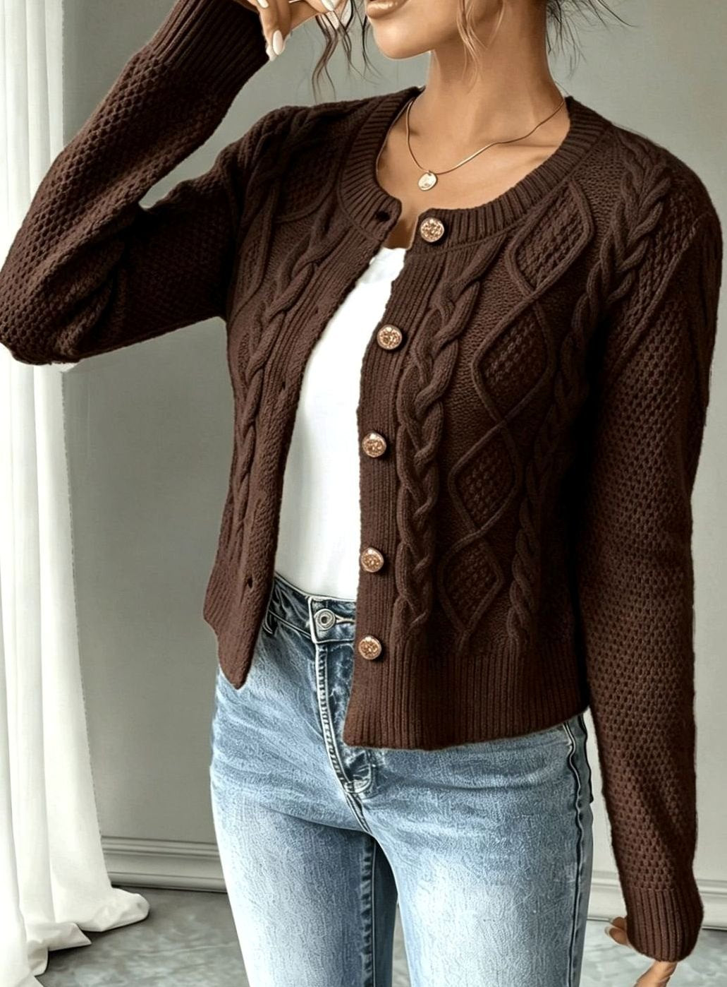 Clarissa Women Cable Knit Button Front Cropped Cardigan Sweater