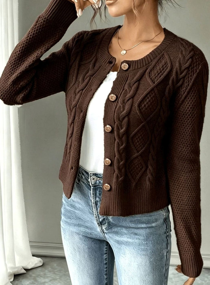 Clarissa Women Cable Knit Button Front Cropped Cardigan Sweater