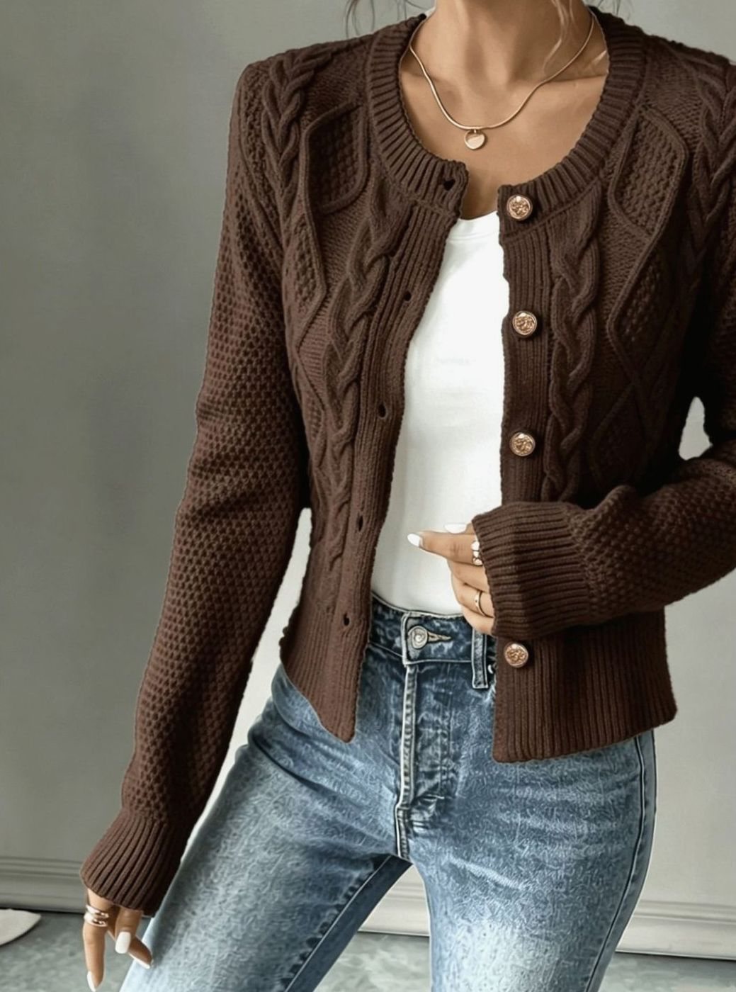 Clarissa Women Cable Knit Button Front Cropped Cardigan Sweater