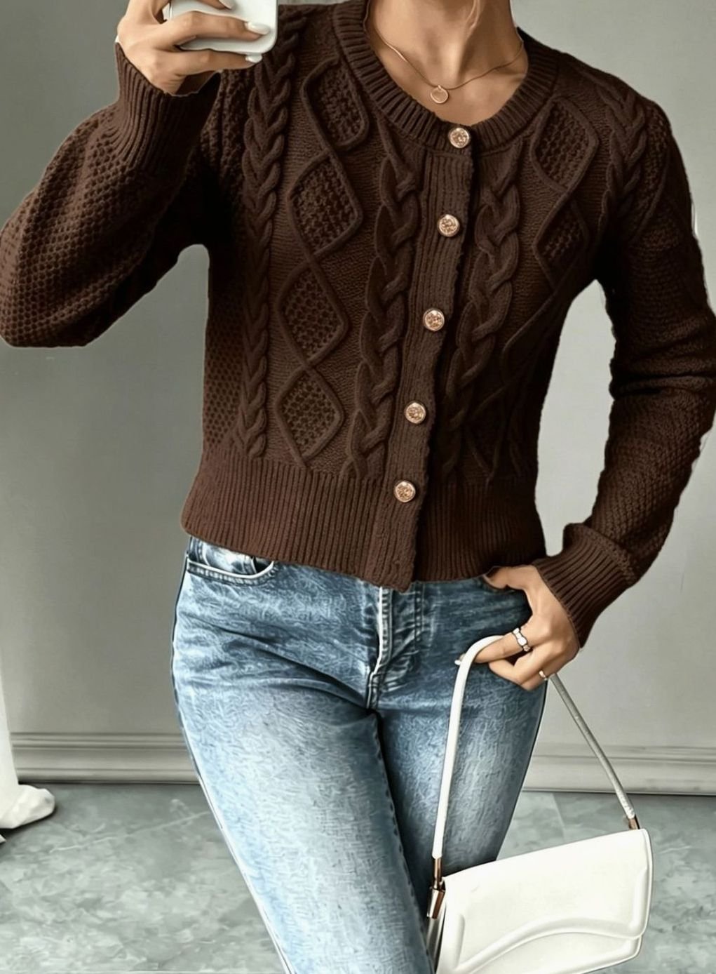 Clarissa Women Cable Knit Button Front Cropped Cardigan Sweater