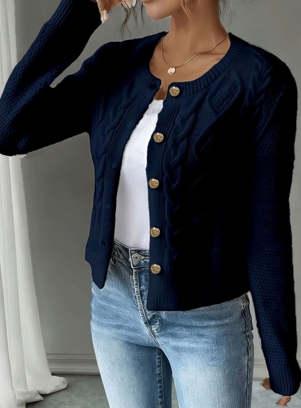 Clarissa Women Cable Knit Button Front Cropped Cardigan Sweater