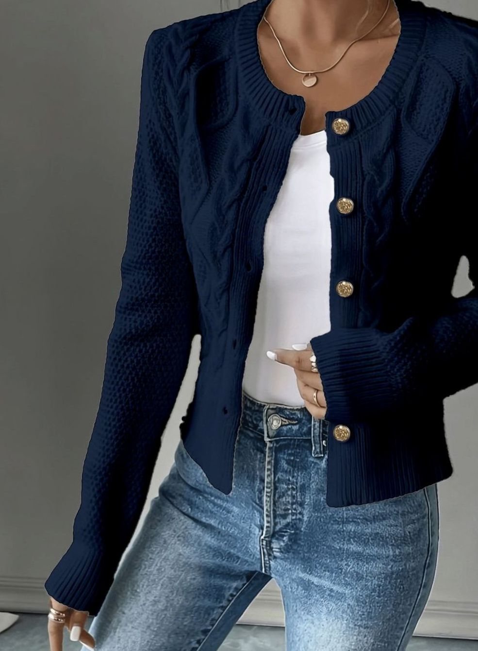 Clarissa Women Cable Knit Button Front Cropped Cardigan Sweater