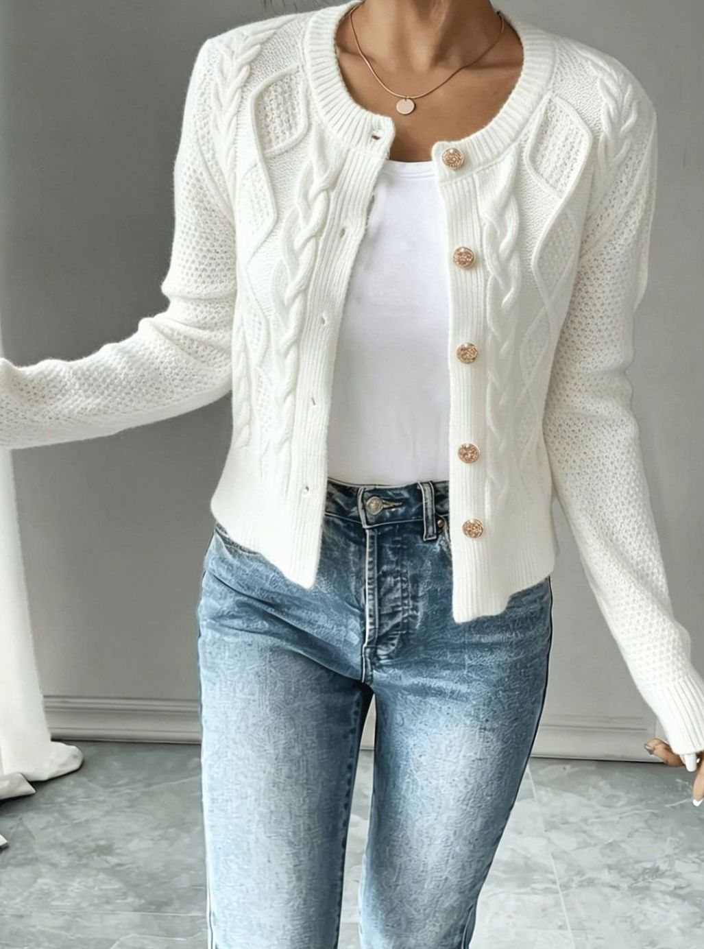Clarissa Women Cable Knit Button Front Cropped Cardigan Sweater