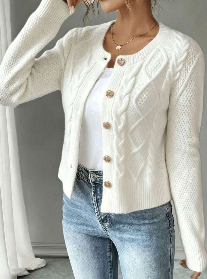 Clarissa Women Cable Knit Button Front Cropped Cardigan Sweater