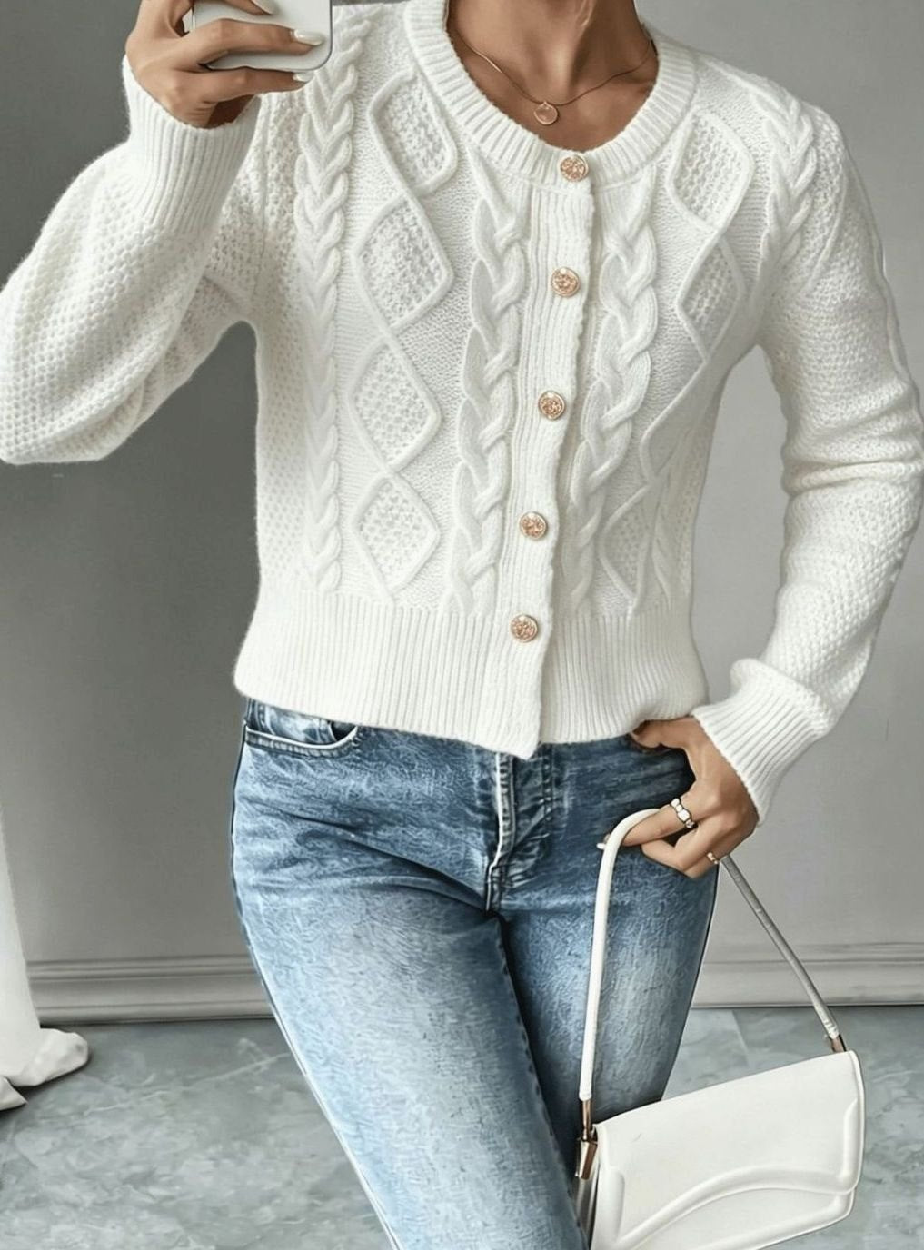 Clarissa Women Cable Knit Button Front Cropped Cardigan Sweater