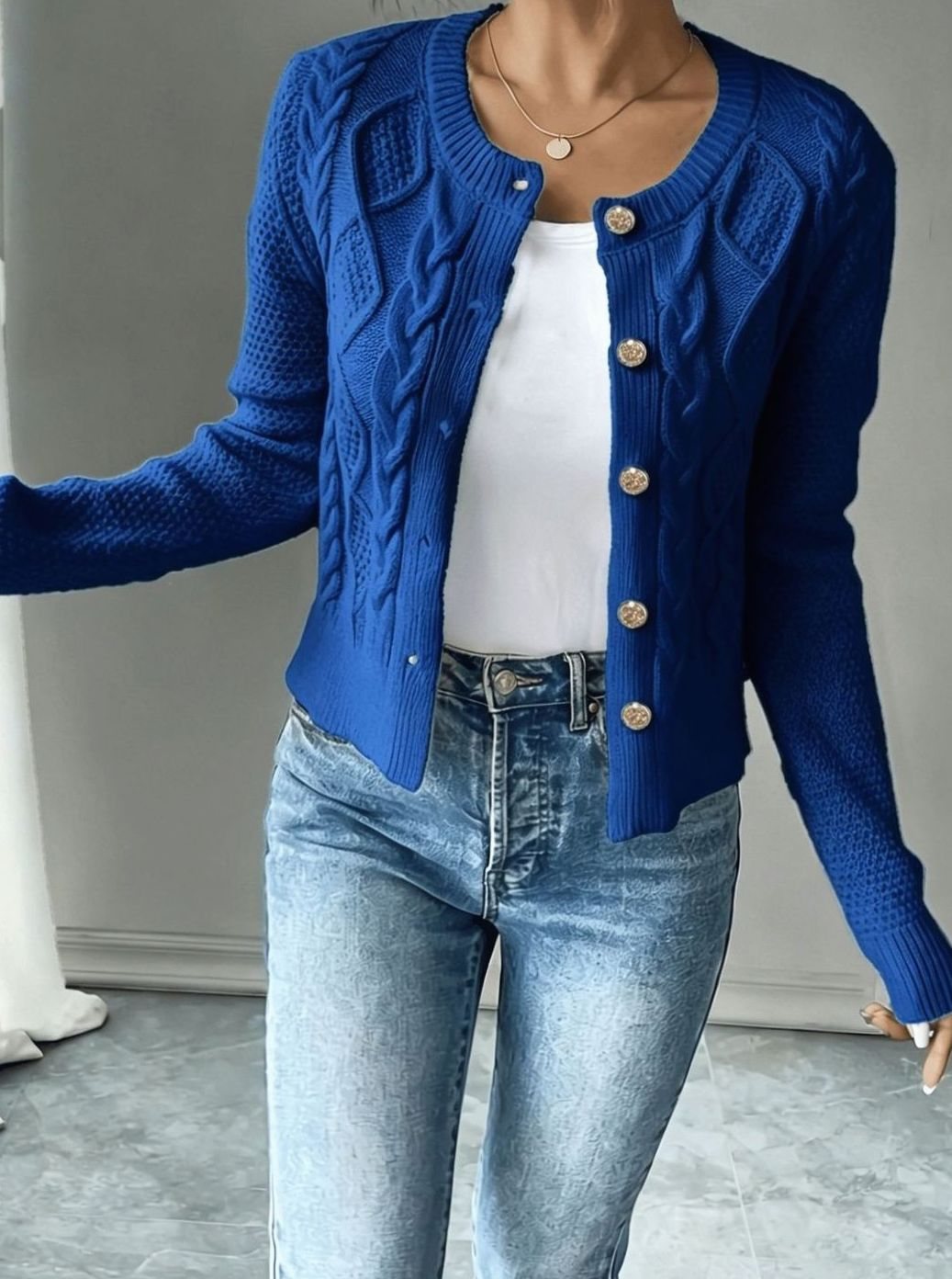 Clarissa Women Cable Knit Button Front Cropped Cardigan Sweater