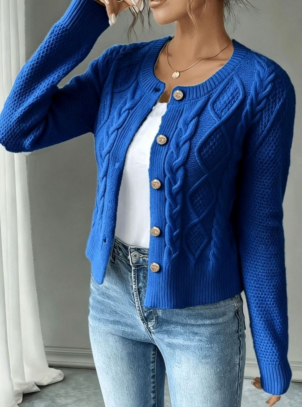 Clarissa Women Cable Knit Button Front Cropped Cardigan Sweater