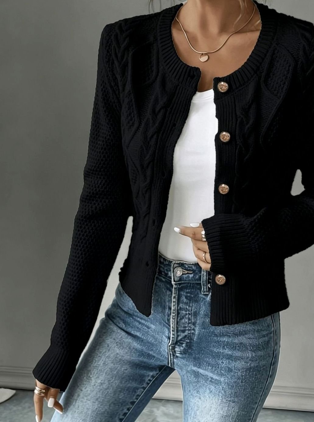 Clarissa Women Cable Knit Button Front Cropped Cardigan Sweater