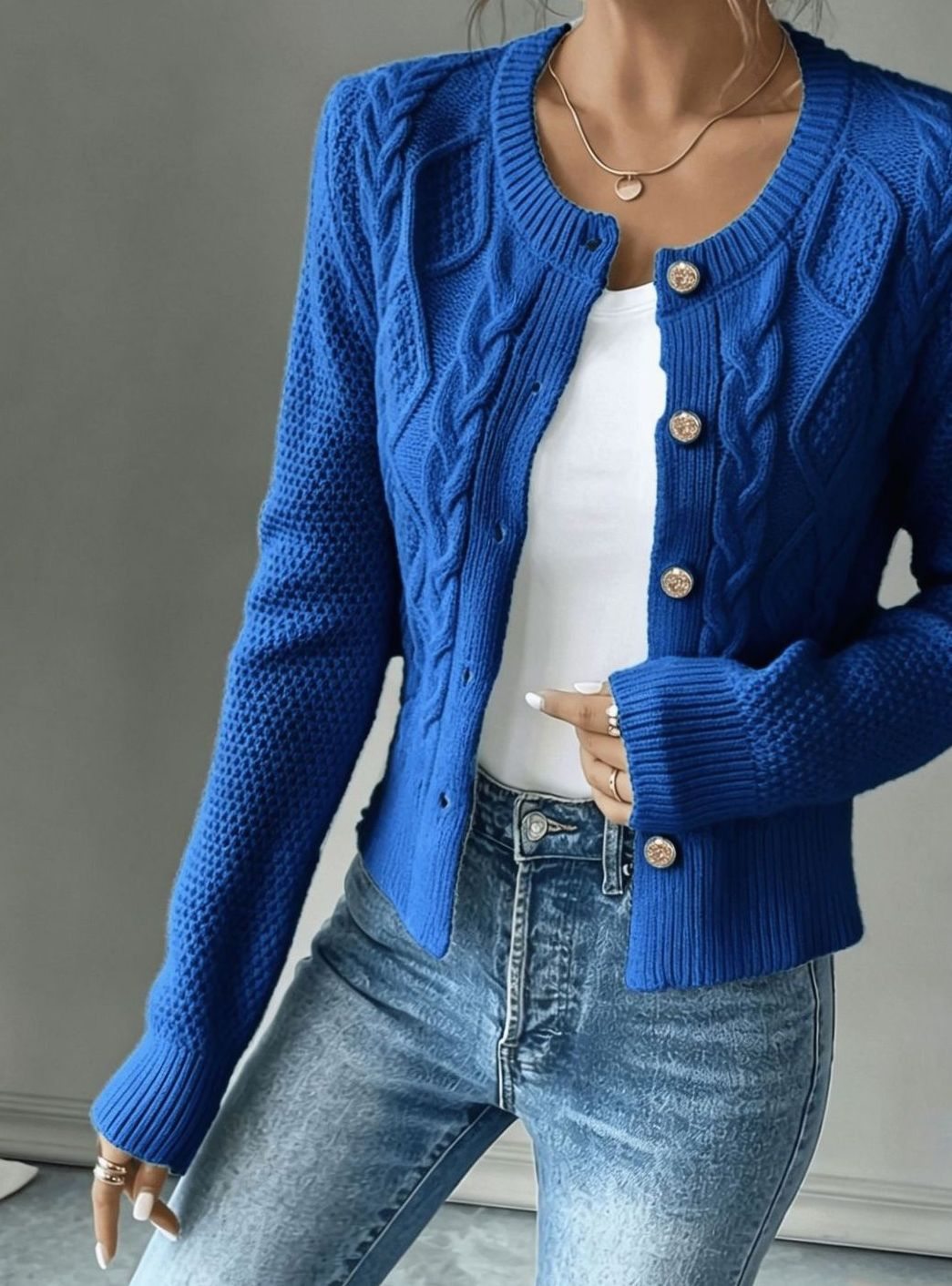 Clarissa Women Cable Knit Button Front Cropped Cardigan Sweater