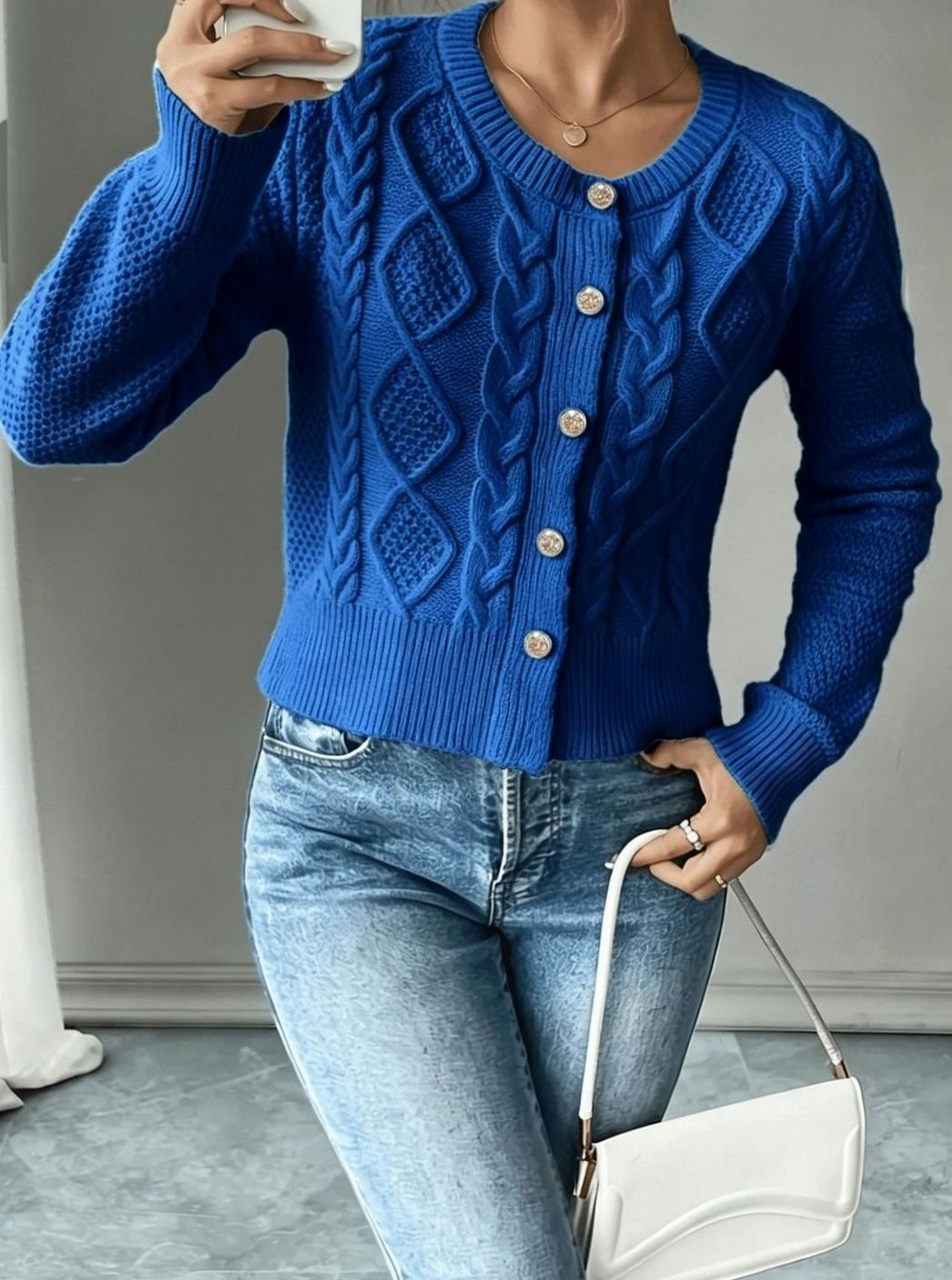 Clarissa Women Cable Knit Button Front Cropped Cardigan Sweater