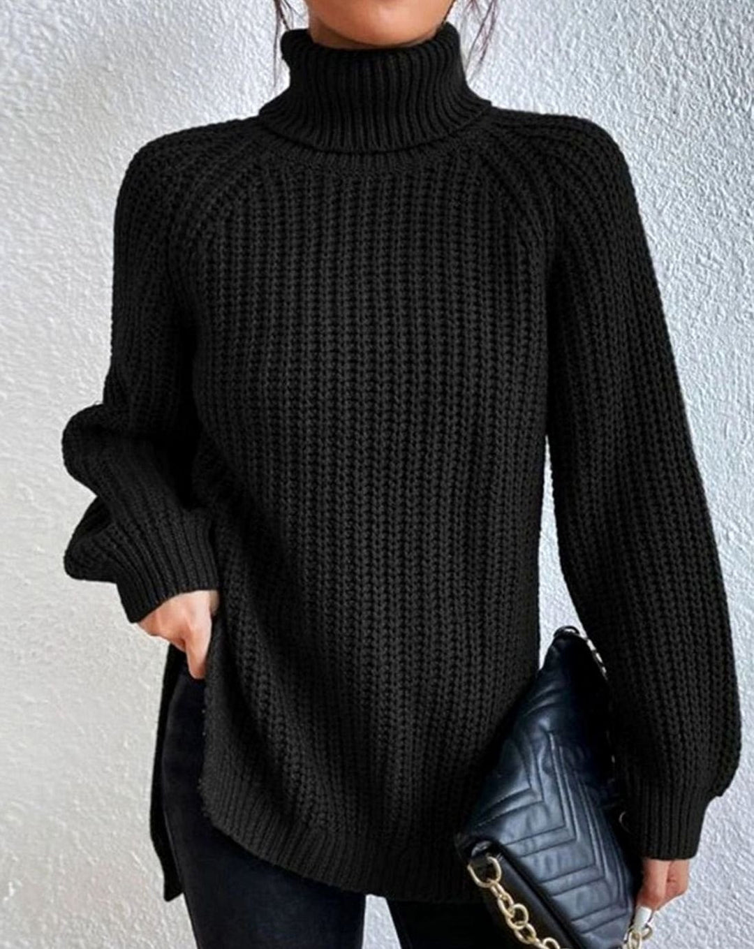 Filomena Women Ribbed Turtleneck Side Slit Knitted Sweater