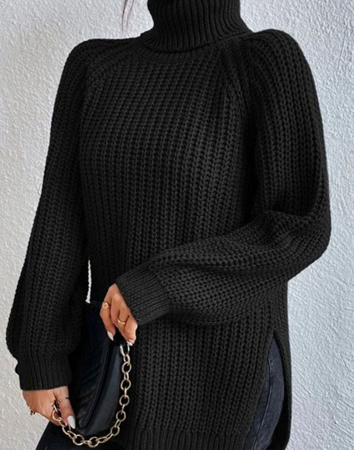 Filomena Women Ribbed Turtleneck Side Slit Knitted Sweater