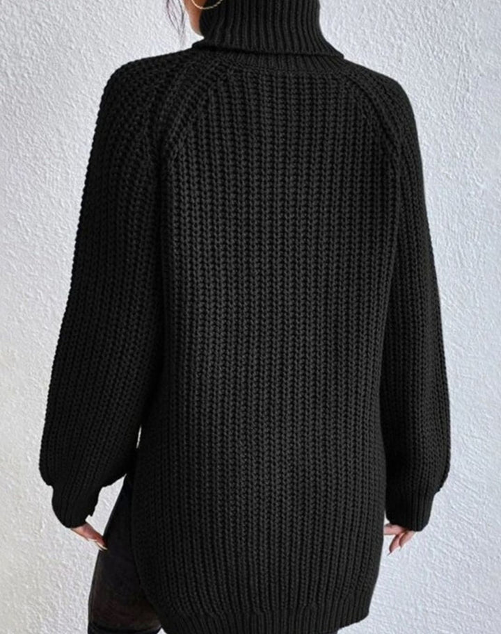 Filomena Women Ribbed Turtleneck Side Slit Knitted Sweater