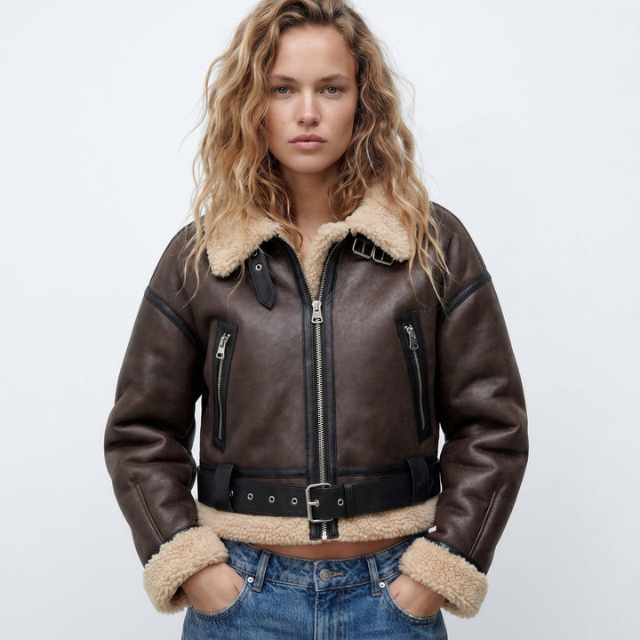Vashti Women Belted Faux Leather Plush Collar Aviator Jacket