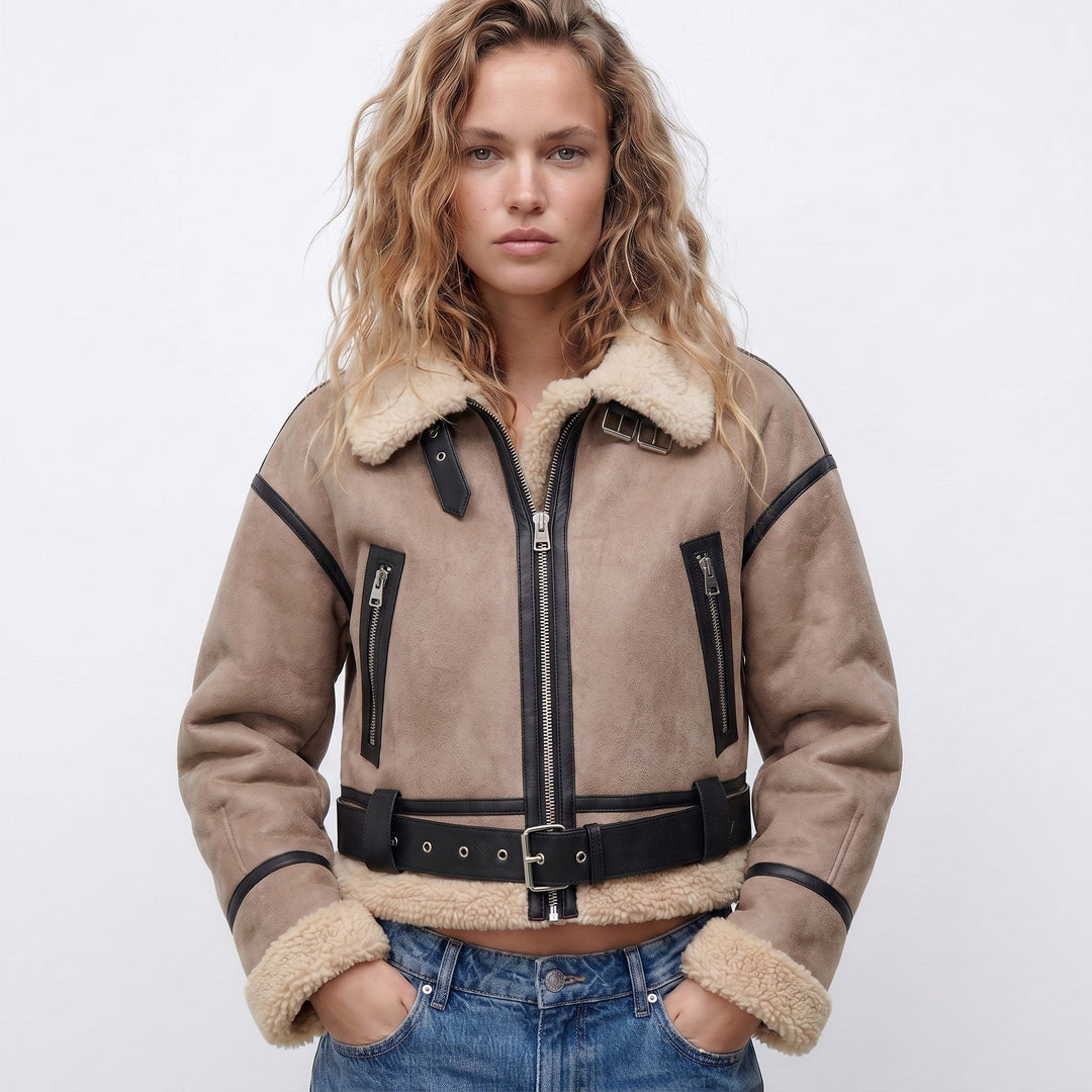 Vashti Women Belted Faux Leather Plush Collar Aviator Jacket