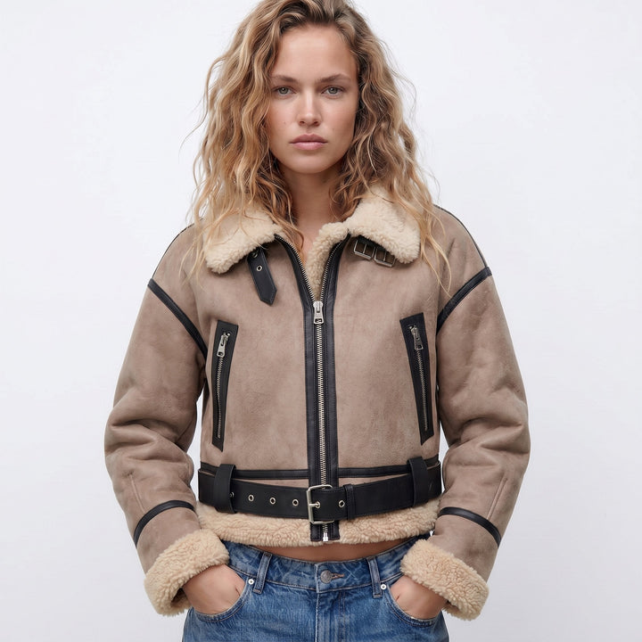 Vashti Women Belted Faux Leather Plush Collar Aviator Jacket