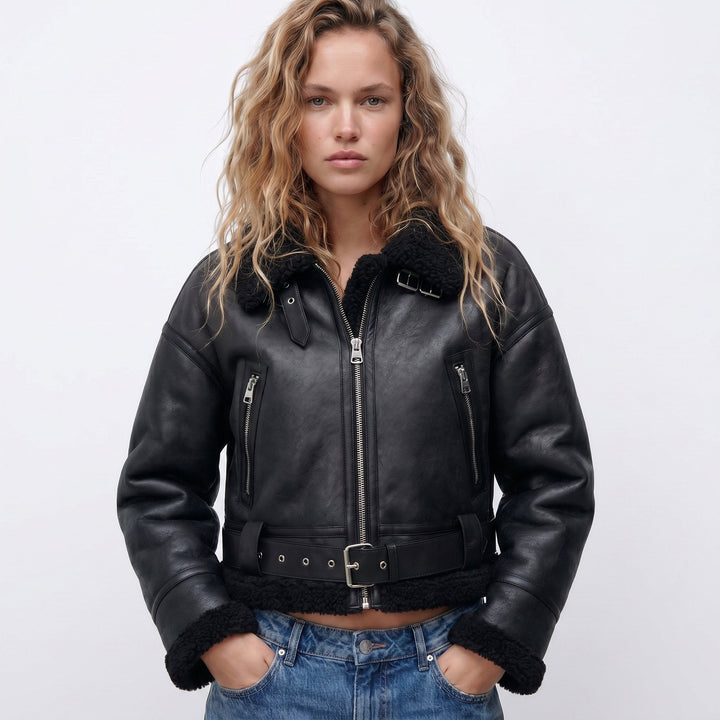 Vashti Women Belted Faux Leather Plush Collar Aviator Jacket