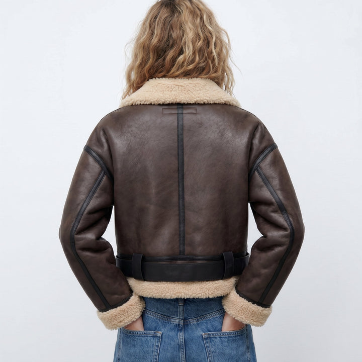 Vashti Women Belted Faux Leather Plush Collar Aviator Jacket